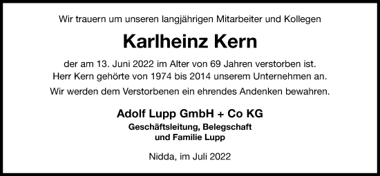 Traueranzeige von Karlheinz Kern von Kreis-Anzeiger
