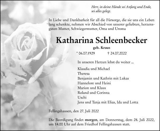 Traueranzeige von Katharina Schleenbecker von Giessener Allgemeine, Alsfelder Allgemeine