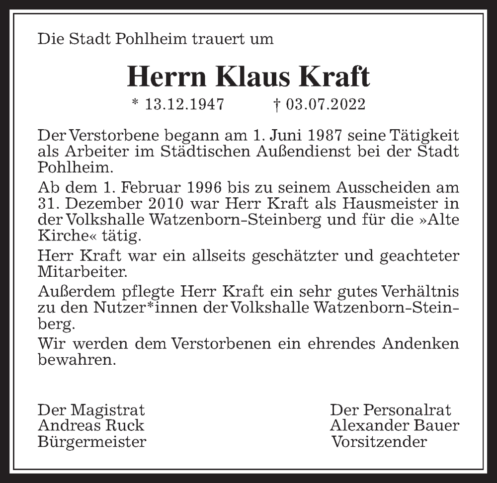  Traueranzeige für Klaus Kraft vom 14.07.2022 aus Pohlheimer Nachrichten