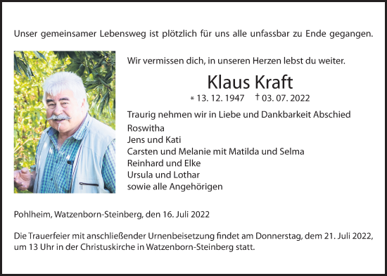 Traueranzeige von Klaus Kraft von Giessener Anzeiger, Giessener Allgemeine, Alsfelder Allgemeine