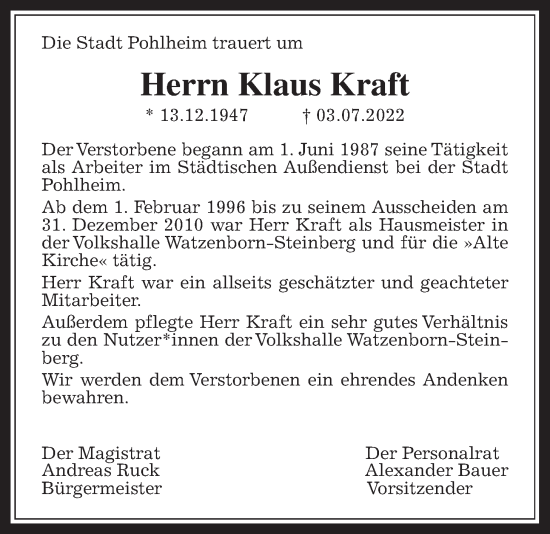 Traueranzeige von Klaus Kraft von Pohlheimer Nachrichten