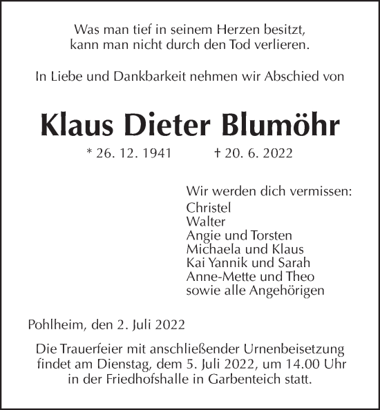 Traueranzeige von Klaus Dieter Blumöhr von Giessener Anzeiger, Giessener Allgemeine, Alsfelder Allgemeine
