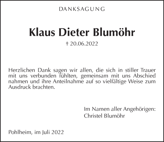 Traueranzeige von Klaus Dieter Blumöhr von Giessener Allgemeine, Alsfelder Allgemeine, Giessener Anzeiger, Pohlheimer Nachrichten