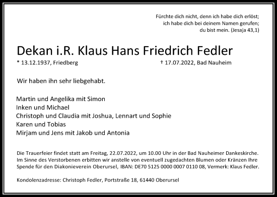 Traueranzeige von Klaus Hans Friedrich Fedler von Wetterauer Zeitung
