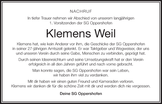 Traueranzeige von Klemens Weil von Wetterauer Zeitung