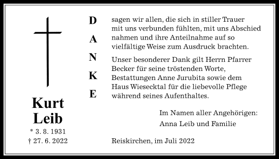 Traueranzeige von Kurt Leib von Giessener Allgemeine, Alsfelder Allgemeine