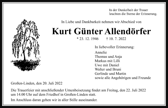 Traueranzeige von Kurt Günter Allendörfer von Giessener Allgemeine, Alsfelder Allgemeine, Giessener Anzeiger