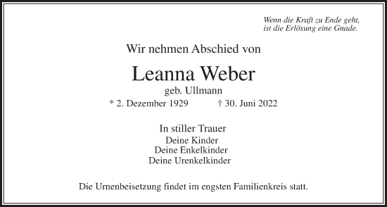 Traueranzeige von Leanna Weber von Usinger Anzeiger