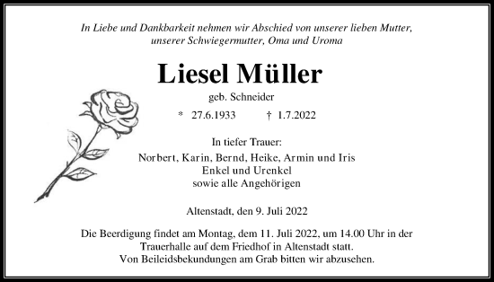 Traueranzeige von Liesel Müller von Kreis-Anzeiger