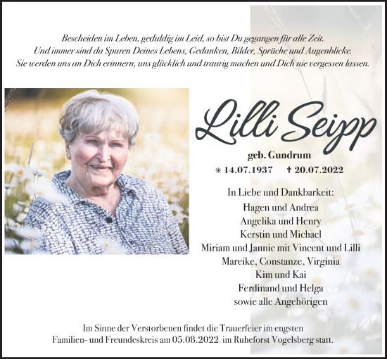 Traueranzeige von Lilli Seipp von Licher Wochenblatt