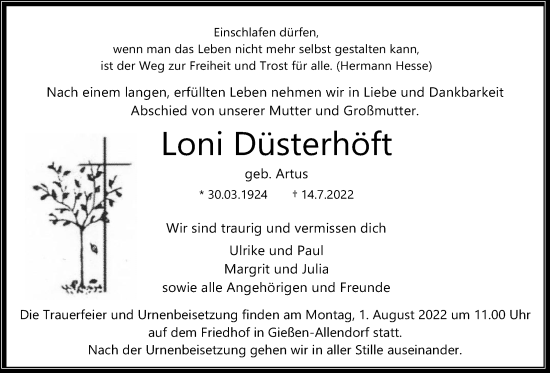 Traueranzeige von Loni Düsterhöft von Giessener Allgemeine, Alsfelder Allgemeine, Giessener Anzeiger