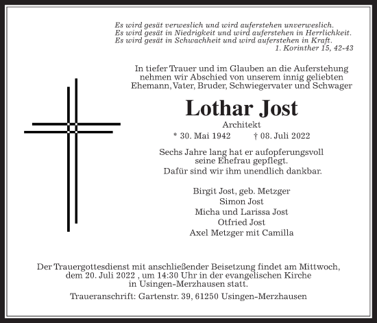 Traueranzeige von Lothar Jost von Usinger Anzeiger