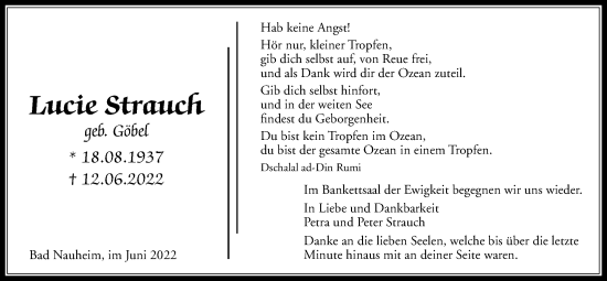Traueranzeige von Lucie Strauch von Wetterauer Zeitung