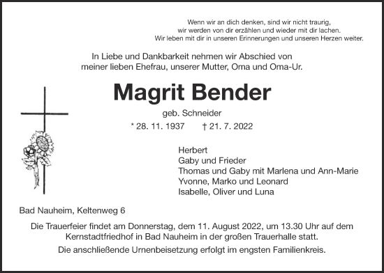 Traueranzeige von Magrit Bender von Wetterauer Zeitung