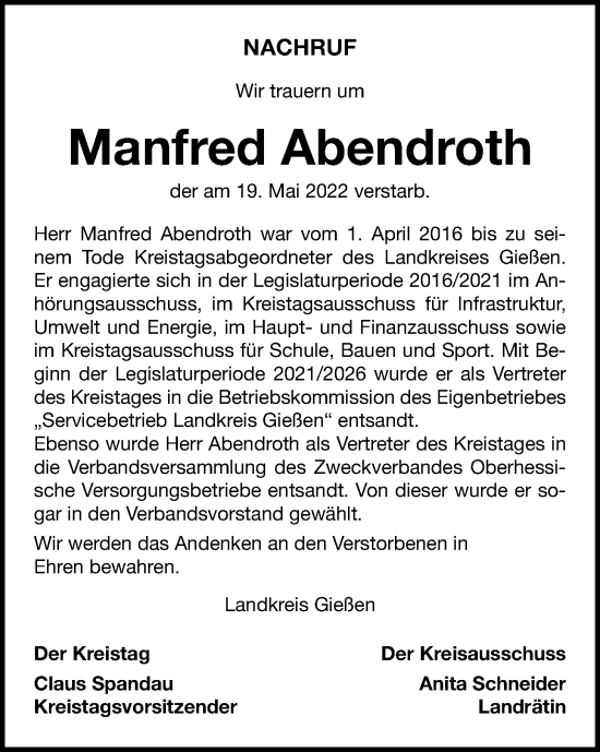 Traueranzeige von Manfred Abendroth von Giessener Anzeiger, Giessener Allgemeine, Alsfelder Allgemeine