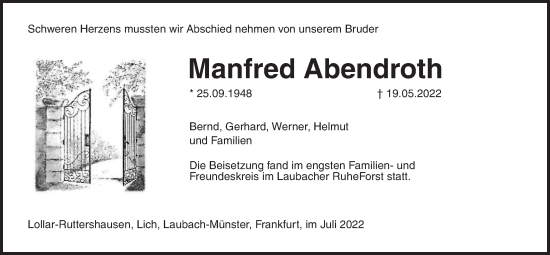 Traueranzeige von Manfred Abendroth von Giessener Allgemeine, Alsfelder Allgemeine