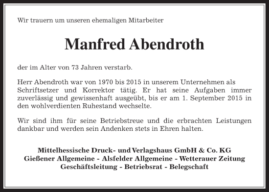 Traueranzeige von Manfred Abendroth von Giessener Allgemeine, Alsfelder Allgemeine