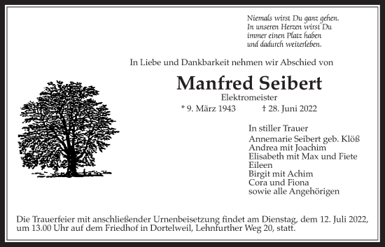 Traueranzeige von Manfred Seibert von Bad Vilbel/Karben