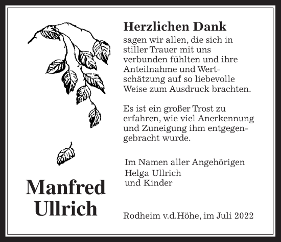 Traueranzeige von Manfred Ullrich von Wetterauer Zeitung