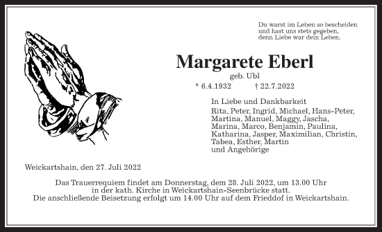 Traueranzeige von Margarete Eberl von Giessener Allgemeine, Alsfelder Allgemeine