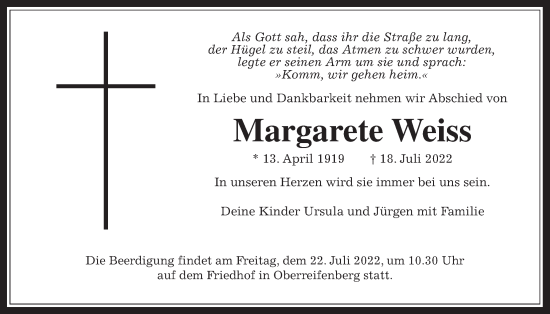 Traueranzeige von Margarete Weiss von Usinger Anzeiger
