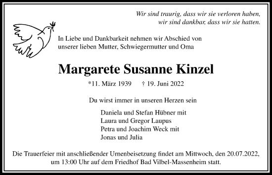 Traueranzeige von Margarete Susanne Kinzel von Bad Vilbel/Karben