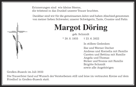 Traueranzeige von Margot Döring von Giessener Anzeiger, Giessener Allgemeine, Alsfelder Allgemeine