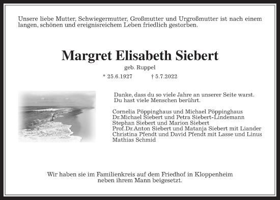 Traueranzeige von Margret Elisabeth Siebert von Wetterauer Zeitung