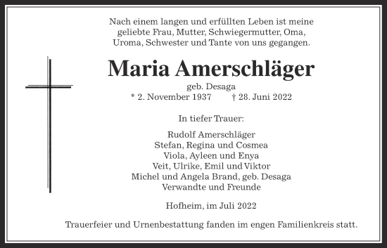 Traueranzeige von Maria Amerschläger 