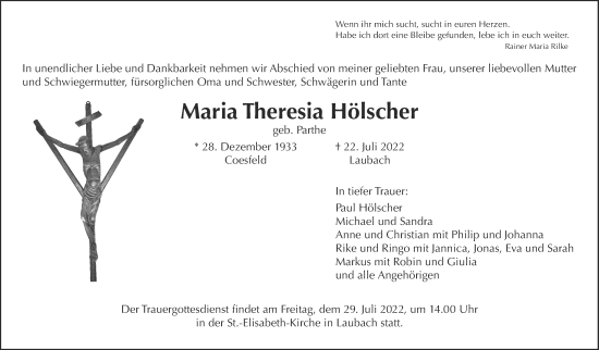 Traueranzeige von Maria Theresia Hölscher von Laubacher Anzeiger