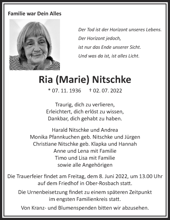 Traueranzeige von Marie Nitschke von Wetterauer Zeitung