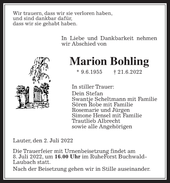 Traueranzeige von Marion Bohling von Giessener Allgemeine, Alsfelder Allgemeine