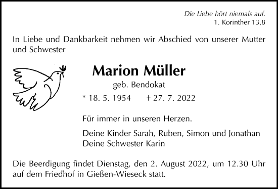 Traueranzeige von Marion Müller von Giessener Allgemeine, Alsfelder Allgemeine, Giessener Anzeiger