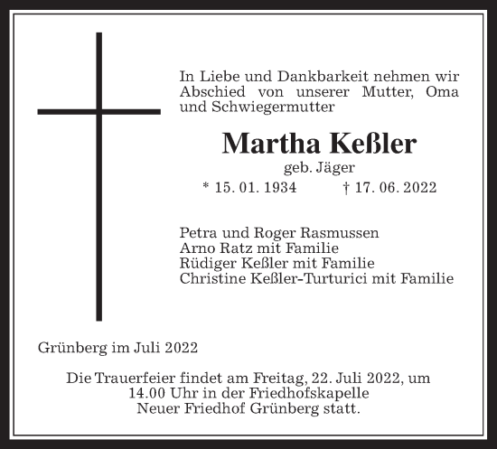 Traueranzeige von Martha Keßler von Wetterauer Zeitung, Giessener Allgemeine, Alsfelder Allgemeine