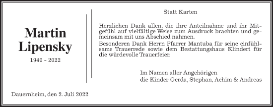 Traueranzeige von Martin Lipensky von Kreis-Anzeiger