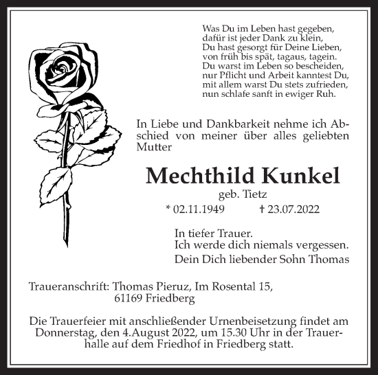 Traueranzeige von Mechthild Kunkel von Wetterauer Zeitung