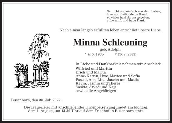 Traueranzeige von Minna Schleuning von Kreis-Anzeiger