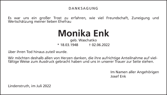 Traueranzeige von Monika Enk von Reiskirchener Anzeiger, Giessener Allgemeine, Alsfelder Allgemeine