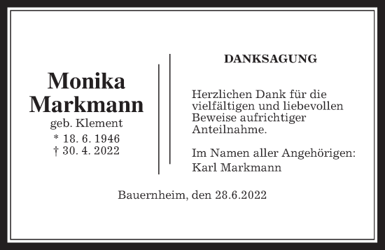 Traueranzeige von Monika Markmann von Wetterauer Zeitung