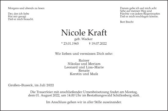 Traueranzeige von Nicole Kraft von Giessener Allgemeine, Alsfelder Allgemeine, Giessener Anzeiger