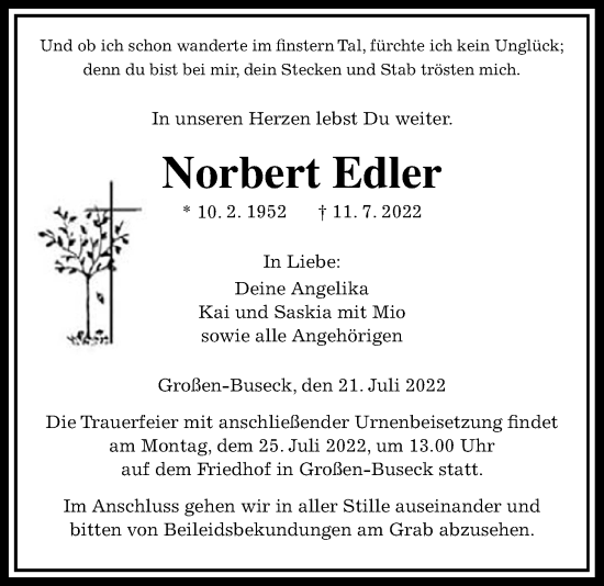 Traueranzeige von Norbert Edler von Giessener Allgemeine, Alsfelder Allgemeine