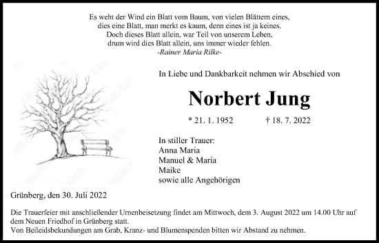 Traueranzeige von Norbert Jung von Giessener Allgemeine, Alsfelder Allgemeine