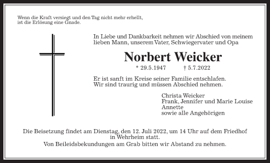 Traueranzeige von Norbert Weicker von Usinger Anzeiger