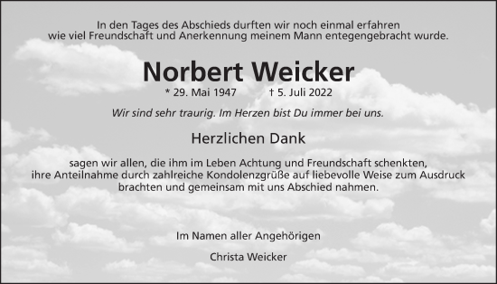 Traueranzeige von Norbert Weicker von Usinger Anzeiger
