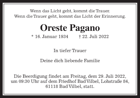 Traueranzeige von Oreste Pagano von Bad Vilbel/Karben