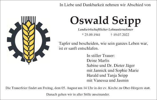 Traueranzeige von Oswald Seipp von Giessener Allgemeine, Alsfelder Allgemeine