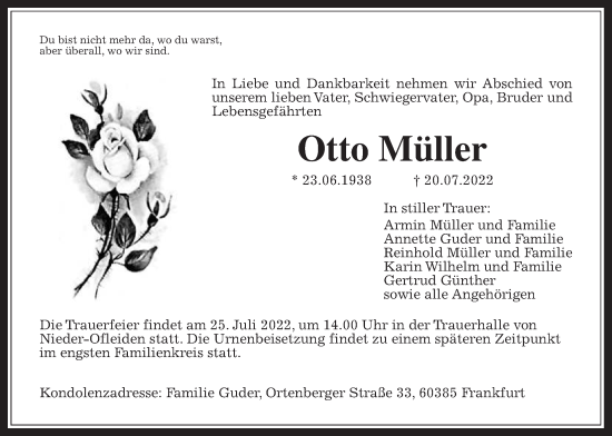 Traueranzeige von Otto Müller von Alsfelder Allgemeine