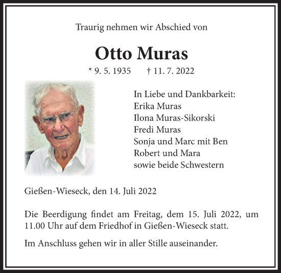 Traueranzeige von Otto Muras von Giessener Allgemeine, Alsfelder Allgemeine