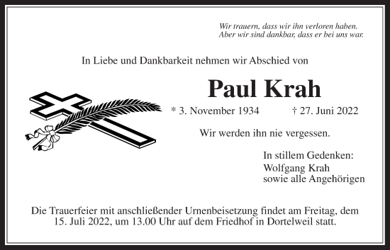 Traueranzeige von Paul Krah von Bad Vilbel/Karben