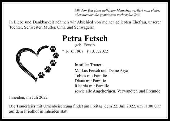 Traueranzeige von Petra Fetsch von Licher Wochenblatt